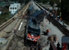 Metra derailment, 2005.  The arrow indicates the direction of travel prior to the derailment.